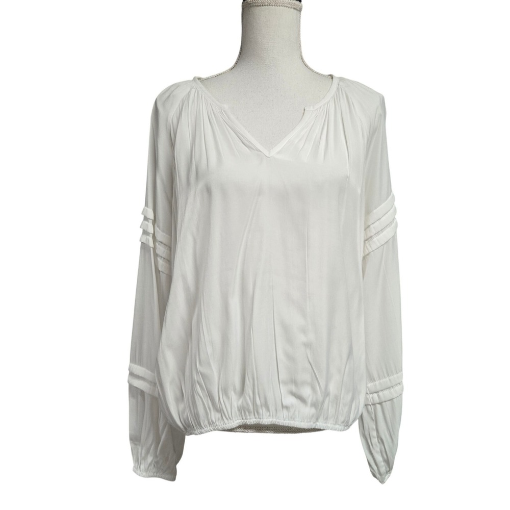 Entro White Long Sleeve V-Neck Blouson Blouse Ruffle Sleeve Detail Women's L
